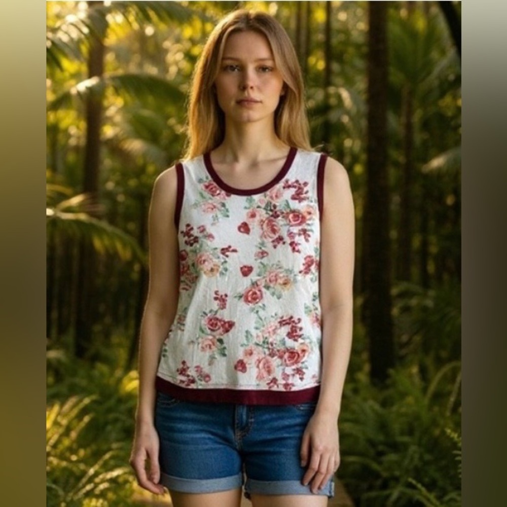 Acting Pro White Floral Tank with Burgundy Trim